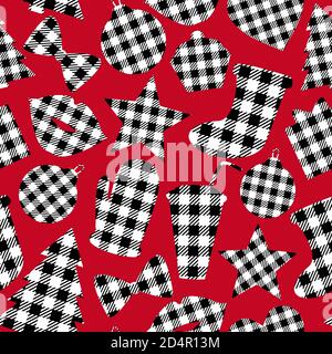 Merry Christmas shapes. Black and white Checkered seamless pattern on red background. Winter design surface. Vichy color. Vector illustration isolated Stock Vector