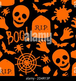 Happy Halloween Seamless pattern. Skull, Spiders, Sweets and Scary Boo. Vector holiday design surface texture. Cartoon orange illustration isolated on Stock Vector