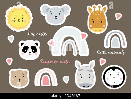 Set of cute rainbows and tropical animals - penguin, lion and koala, giraffe and panda, bear and zebra. Kids collection of flat vector stickers Stock Vector