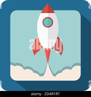 The flying-up starting rocket with fire and smoke in flat style. Stock Vector