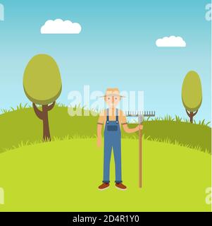 The gardener character of people the farmer in overalls in straw hat holding with a rake against the background of fields and trees in flat style. Stock Vector