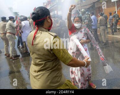 Police barricaded CITU's mass rally and protest. There was an 11-point demand, including a halt to the privatization of electricity. Police fired water cannons and used force against the protestors. October 2020. Agartala. Tripura, India. Stock Photo