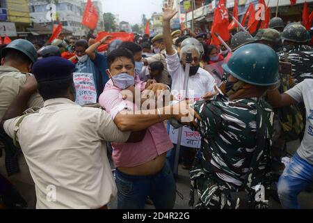 Police barricaded CITU's mass rally and protest. There was an 11-point demand, including a halt to the privatization of electricity. Police fired water cannons and used force against the protestors. October 2020. Agartala. Tripura, India. Stock Photo