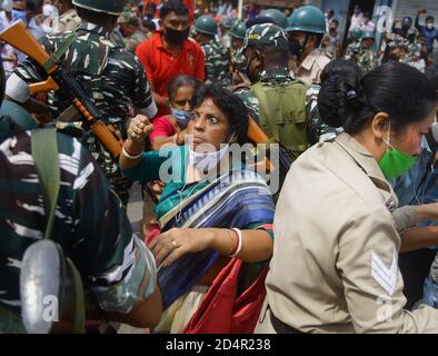 Police barricaded CITU's mass rally and protest. There was an 11-point demand, including a halt to the privatization of electricity. Police fired water cannons and used force against the protestors. October 2020. Agartala. Tripura, India. Stock Photo