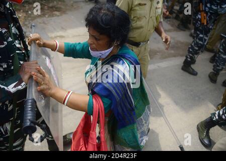 Police barricaded CITU's mass rally and protest. There was an 11-point demand, including a halt to the privatization of electricity. Police fired water cannons and used force against the protestors. October 2020. Agartala. Tripura, India. Stock Photo