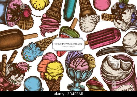 Colored elements design with ice cream bowls, ice cream bucket, popsicle ice cream, ice cream cones, ice cream scoop, ice cream balls Stock Vector