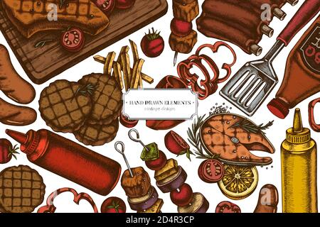 Colored elements design with spatula, Pork ribs, kebab, sausages, steak, sauce bottles, grilled burger patties, grilled tomato, grilled salmon steak Stock Vector