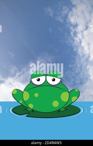 Comical miserable looking frog sat on a lily pad set against a blue cloudy daytime sky Stock Photo