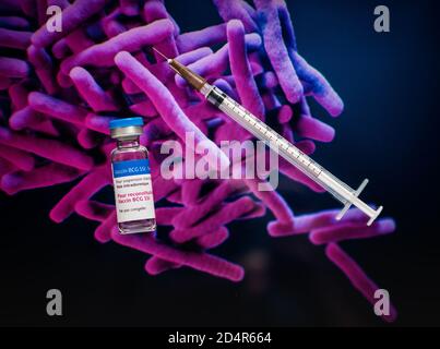 BCG antituberculous Vaccine SSI on an image of Mycobacterium tuberculosis, the bacterium responsible for tuberculosis. Stock Photo