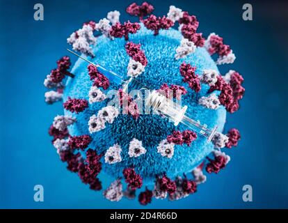 Vaccine and computer illustration of the measles virus (Paramyxovirus). Stock Photo