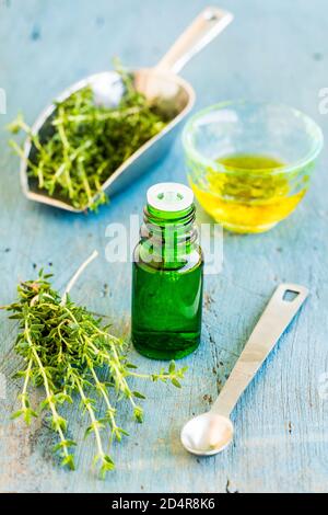 Essentiel oil of thyme (Thymus vulgaris). Stock Photo
