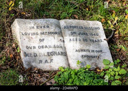Stone in the form of a book in memory of Sergeant DL Leonard, RAF, reported missing 3 June 1940, aged 20. Battle P2269 shot down by anti-aircraft fire Stock Photo