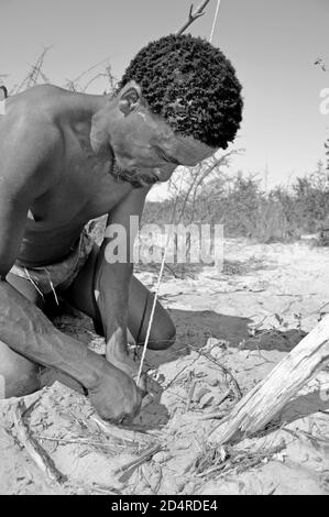 Naro-Bushmen near Ghanzi in the Central Kalahari of Botswana digging in the sand to pull out an ostrich egg filled with potable water Stock Photo