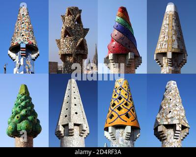 A collage of 8 colorful chimneys on Palau Guell, Barcelona, Spain designed by Antoni Gaudi. Stock Photo