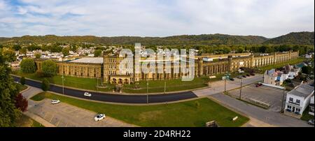 Moundsville, WV - 9 October 2020: Aerial panorama of the West Virginia State Penitentiary in Moundsville, WV Stock Photo