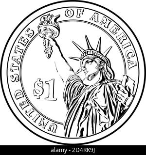 American money Presidential one dollar gold coin with Statue of Liberty on reverse.Black and white image Stock Vector