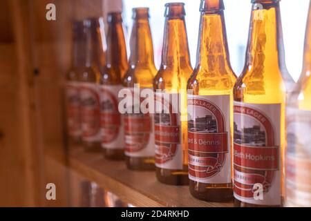 South Park City, Colorado - September 16, 2020: Display of South Park Lager beer, very shallow depth of field, intentionally Stock Photo