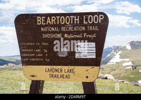 Wyoming, USA - July 2, 2020: Sign for the Beartooth Loop, along the Beartooth Highway. This is a hiking trail for the Gardner Lake Trailhead