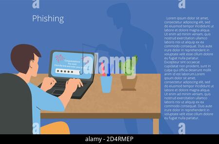 A young man at a computer and an online fraudster. Phishing, Scam, hacker attack and web security concept. Online Scam and theft Vector illustration Stock Vector