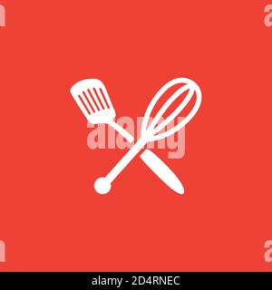 Spatula Whisk Icon On Red Background. Red Flat Style Vector Illustration. Stock Vector