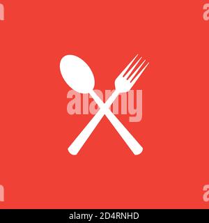 Spoon & Fork Icon On Red Background. Red Flat Style Vector Illustration. Stock Vector