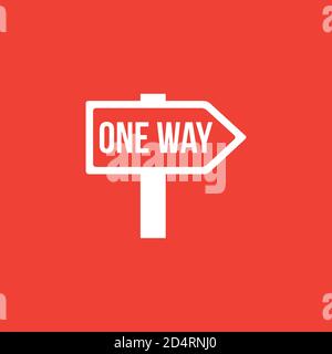 Signpost One Way Icon On Red Background. Red Flat Style Vector Illustration. Stock Vector