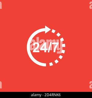 Support 24-7 Icon On Red Background. Red Flat Style Vector Illustration. Stock Vector