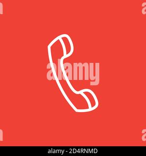 Telephone Receiver Line Icon On Red Background. Red Flat Style Vector Illustration. Stock Vector