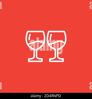 Wine Glasses Line Icon On Red Background. Red Flat Style Vector Illustration. Stock Vector