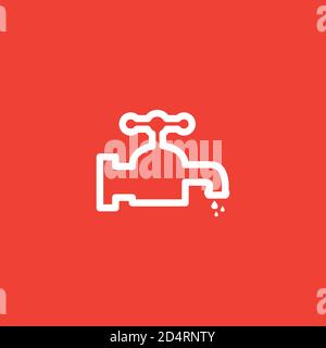 Water Tap Line Icon On Red Background. Red Flat Style Vector Illustration. Stock Vector