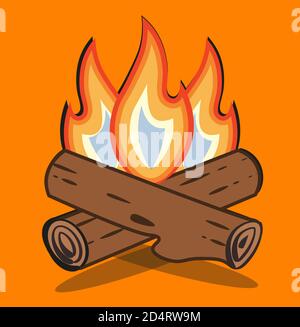 Campfire vector cartoon style illustration - Crossed logs and fire flames on an Orange background. Stock Vector