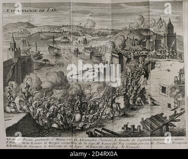 El 7 de septiembre de 1590, las tropas de Alejandro Farnesio asaltaron por sorpresa la fortaleza de Lagny, en la orilla del río Marne, afluente del Sena. Los soldados aprovecharon una brecha en la antigua muralla. La ciudad fué tomada por Farnesio, quien en una rápida maniobra envió gran cantidad de barcas cargadas de provisiones hacia París. 'Expugnación de Lañi' (1590). Grabado. Guerras de Flandes. Edición publicada en Amberes,1748. Biblioteca Histórico Militar de Barcelona. Cataluña. España. Stock Photo