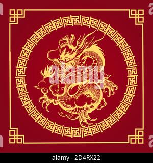 Chinese Dragon in Golden Circle on Red background. Vector illustration. Stock Vector