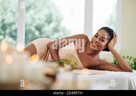 Woman relaxing in spa salon Stock Photo