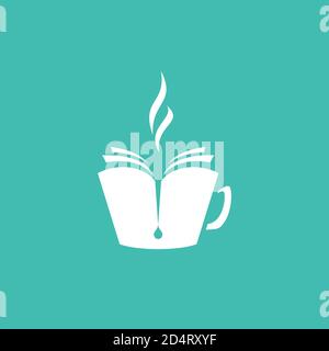 open book as a hot cup of coffee with steam. Reading club, book club, hobby logo logo isolated on powder blue background. Vector illustration. Knowled Stock Vector