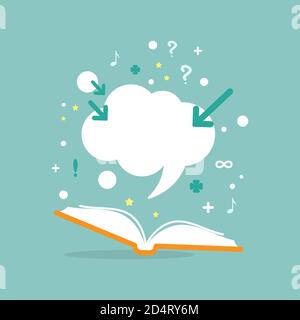Open book with question marks, plus sign, arrows and speech bubble on powder blue background. Flat vector reading icon. Quotation book pictogram. Educ Stock Vector
