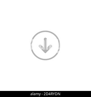 grey rounded arrow down in grey circle icon. flat download sign isolated on white. point down button. south sign. Stock Vector