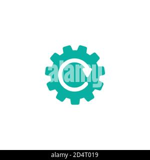 two white round arrows in green gear. Icon Isolated on white. Workflow Concept Icon. Automation pictogram. Stock Vector