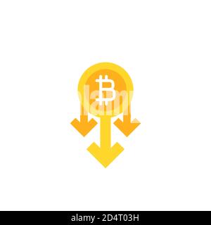 Gold bitcoin sign and down arrows. Flat icon isolated on white. Economy, finance, digital money. Vector illustration. Crypto currency, virtual electro Stock Vector