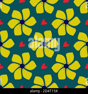 Floral pattern with yellow exotic fantasy flowers on a green background and red hearts. Illustration.  Stock Photo