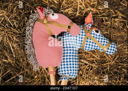 Two retro cotton fabric horse toy on a stick lying on the hay. Vintage rustic background. Stock Photo