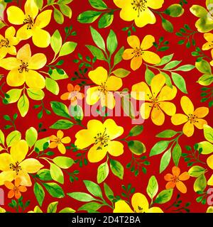 Yellow small flowers red background watercolor illustration for the design of textiles. Seamless pattern for textile Stock Photo