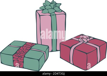 Vector still life with colorful gift boxes isolated on white background. Gitfs concept for New Year. Stock Vector