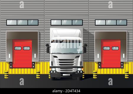 Unloading trucks at a modern warehouse complex. Vector Stock Vector