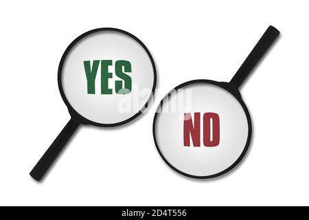 Words Yes and No written under magnifiers isolated on white background Stock Photo