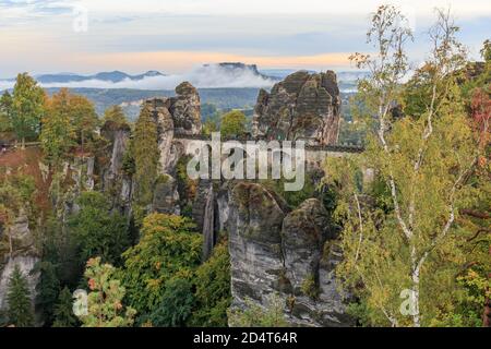 Typical tourist view to the Bastei bridge in the Saxon Switzerland near Dresden Stock Photo