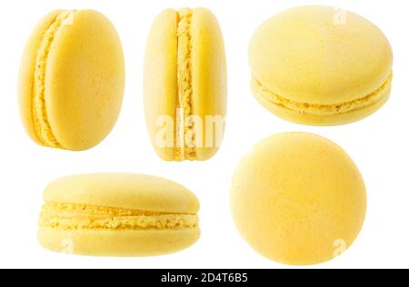 Isolated yellow macarons collection. Lemon macaroon at different angles isolated on white background Stock Photo