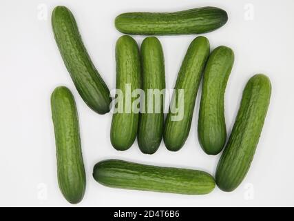 Top down view on isolated scattered group green raw fresh mini cucumbers on white blank background Stock Photo