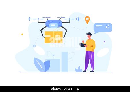 The guy called the delivery of goods by a drone Stock Vector
