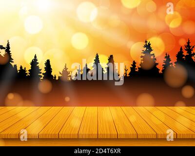 Golden autumn landscape with pine forest and empty rustic wooden table for background. Vector illustration Stock Vector